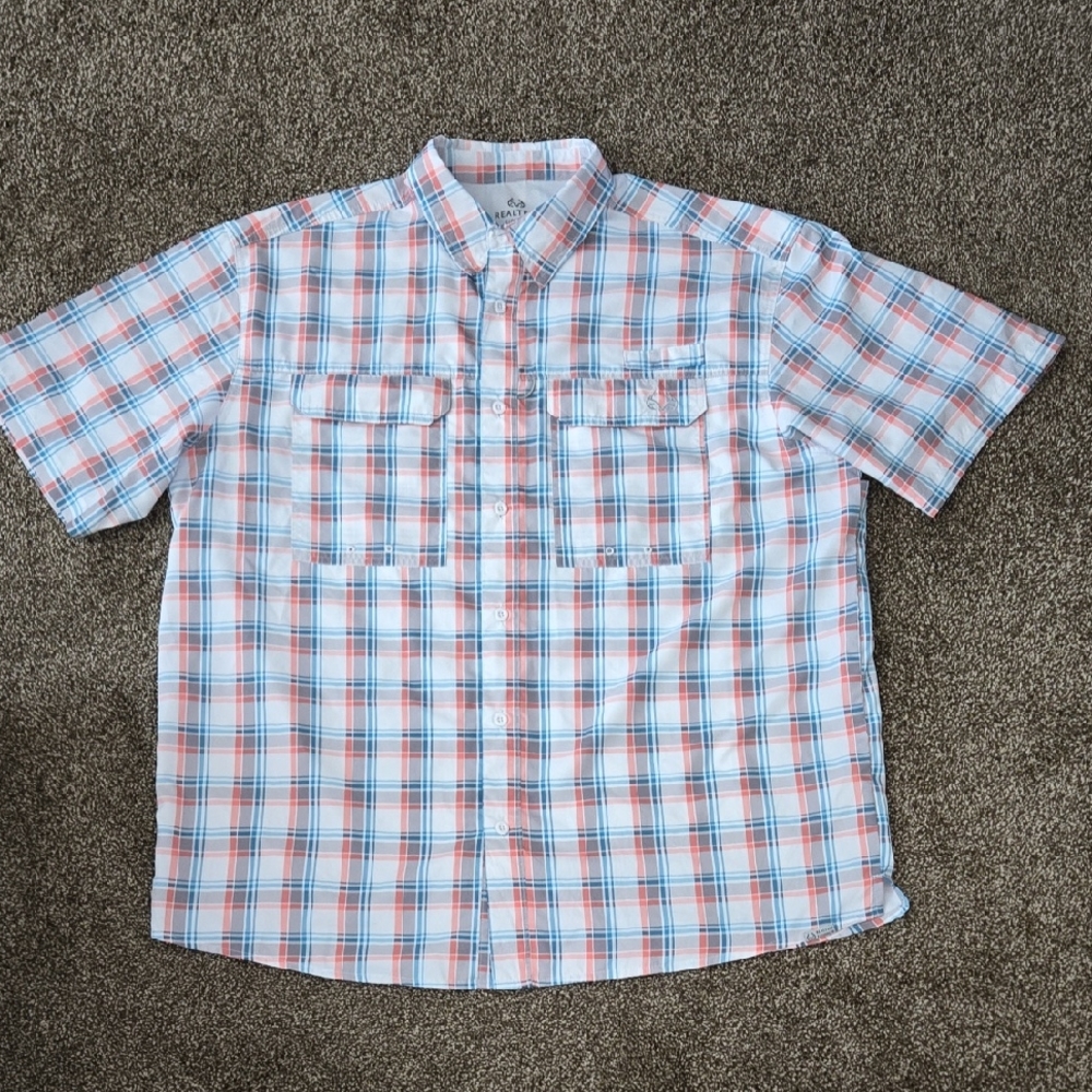 Men's Realtree Fishing Blue and Red Plaid Shirt Size XL